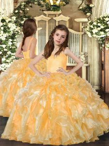 Gold Straps Lace Up Ruffles Little Girl Pageant Gowns Sleeveless