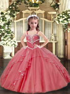Perfect Pink Lace Up Pageant Gowns For Girls Beading and Ruffles Sleeveless Floor Length
