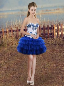 On Sale Royal Blue Organza Lace Up Sweetheart Sleeveless Mini Length Dress for Prom Embroidery and Ruffled Layers