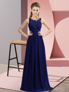 Exquisite Sleeveless Chiffon Floor Length Zipper Wedding Guest Dresses in Navy Blue with Beading and Appliques