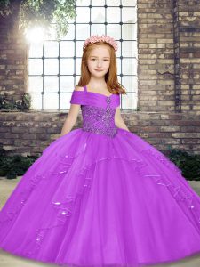 Trendy Lilac Lace Up Straps Beading Pageant Gowns Tulle Sleeveless