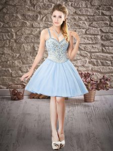 Lavender Tulle Lace Up Dress for Prom Sleeveless Mini Length Beading