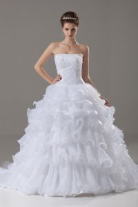 White Ball Gowns Strapless Sleeveless Organza Brush Train Lace Up Lace and Ruffled Layers Wedding Gown