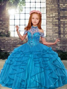 Dramatic Floor Length Teal Pageant Dress for Teens High-neck Sleeveless Lace Up