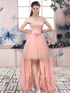 Fantastic Off The Shoulder Short Sleeves Prom Dresses High Low Lace and Hand Made Flower Pink Tulle