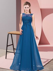 Best Blue Empire Beading and Appliques Bridesmaid Dresses Zipper Chiffon Sleeveless Floor Length