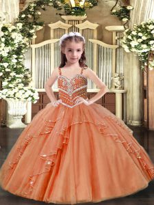 Amazing Ball Gowns Pageant Dress Toddler Peach Straps Tulle Sleeveless Floor Length Lace Up