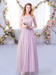 Exceptional Lavender Side Zipper Bridesmaids Dress Lace and Belt Sleeveless Floor Length