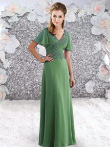 Eye-catching Green Short Sleeves Floor Length Appliques Zipper Prom Dresses