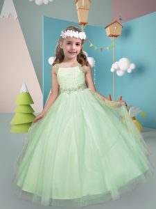 Fancy Tulle Straps Sleeveless Zipper Belt Flower Girl Dresses for Less in Apple Green