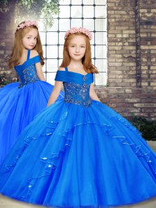 Blue Tulle Lace Up Little Girl Pageant Gowns Sleeveless Floor Length Beading