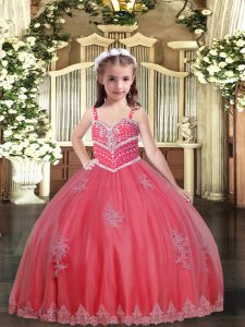 Popular Sleeveless Floor Length Beading and Appliques Lace Up Kids Pageant Dress with Watermelon Red