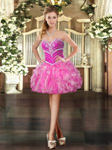 Hot Pink Ball Gowns Organza Sweetheart Sleeveless Beading and Ruffles Mini Length Lace Up Prom Evening Gown