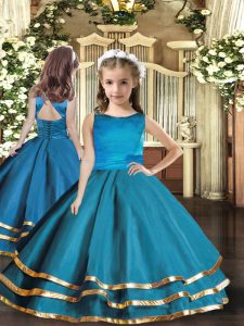High Class Teal Organza Lace Up Scoop Sleeveless Floor Length Little Girls Pageant Dress Wholesale Ruffled Layers