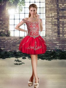 Eye-catching Red Sleeveless Tulle Lace Up Womens Party Dresses for Prom and Party