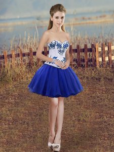 Mini Length Royal Blue Prom Dress Tulle Sleeveless Embroidery