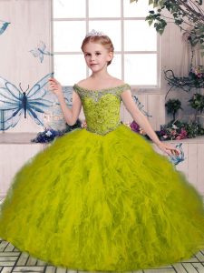 Sleeveless Little Girls Pageant Dress Wholesale Floor Length Beading and Ruffles Olive Green Tulle