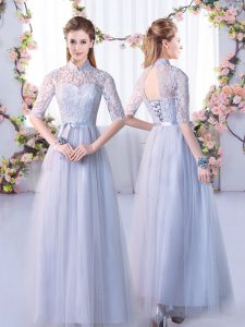 Grey Tulle Lace Up Wedding Party Dress Half Sleeves Floor Length Lace