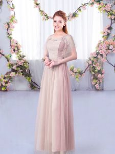Empire Wedding Guest Dresses Pink Scoop Tulle Short Sleeves Floor Length Side Zipper