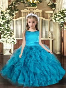 Sleeveless Floor Length Ruffles Lace Up Kids Formal Wear with Blue