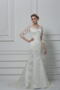 White Wedding Dress Lace Brush Train 3 4 Length Sleeve Lace and Hand Made Flower
