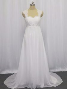 Trendy Beading and Lace Wedding Dresses White Lace Up Sleeveless Brush Train