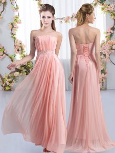 Most Popular Pink Empire Strapless Sleeveless Chiffon Sweep Train Lace Up Beading Bridesmaid Dresses