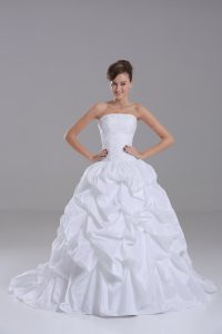 Sleeveless Taffeta Brush Train Lace Up Wedding Gown in White with Lace and Pick Ups