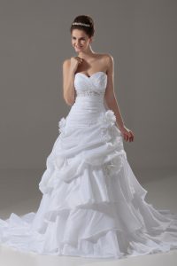 Elegant Sleeveless Brush Train Beading and Pick Ups and Hand Made Flower Lace Up Wedding Dress