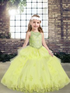 Yellow Green Tulle Lace Up Scoop Sleeveless Floor Length Little Girl Pageant Gowns Lace and Appliques