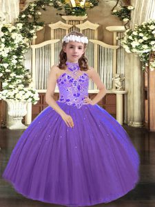 Custom Designed Sleeveless Tulle Floor Length Lace Up Pageant Gowns For Girls in Purple with Appliques