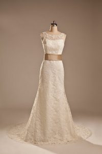 Low Price White Wedding Dresses Lace Brush Train Sleeveless Lace and Belt
