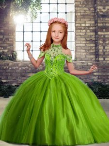 Off The Shoulder Sleeveless Custom Made Pageant Dress Floor Length Beading Olive Green Tulle
