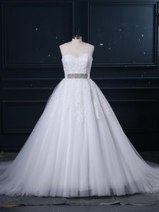 Trendy Sleeveless Tulle Brush Train Zipper Bridal Gown in White with Beading and Lace