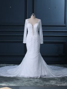 Luxurious Sweetheart Long Sleeves Tulle and Lace Wedding Gowns Beading and Lace Court Train Backless