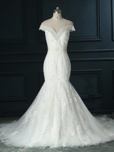 Smart White Wedding Gown Organza Court Train Sleeveless Beading and Lace