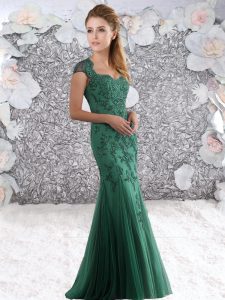 Classical Green Straps Neckline Appliques Prom Dresses Cap Sleeves Zipper