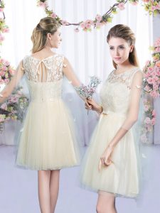 Champagne Tulle Lace Up Court Dresses for Sweet 16 Sleeveless Mini Length Lace and Bowknot