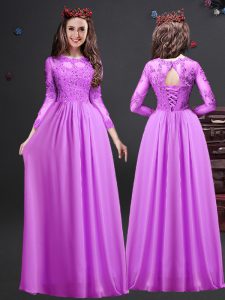 Lilac Empire Scoop Long Sleeves Chiffon Floor Length Lace Up Appliques Wedding Party Dress