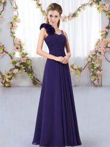 Straps Sleeveless Bridesmaid Dress Floor Length Hand Made Flower Purple Chiffon