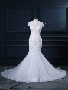 Attractive Cap Sleeves Lace Clasp Handle Wedding Gowns with White Court Train