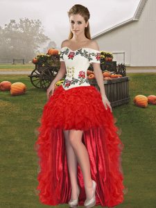 Red Organza Lace Up Sleeveless High Low Embroidery and Ruffles