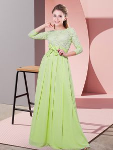 Chiffon Scoop 3 4 Length Sleeve Side Zipper Lace and Belt Bridesmaids Dress in Yellow Green