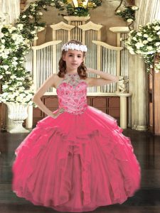 Amazing Hot Pink Halter Top Neckline Beading and Ruffles Kids Formal Wear Sleeveless Lace Up