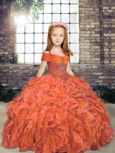 Eye-catching Beading Pageant Dress Wholesale Orange Lace Up Sleeveless Floor Length