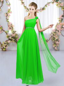 Sophisticated Chiffon Lace Up One Shoulder Sleeveless Floor Length Bridesmaid Dress Beading and Hand Made Flower