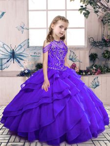 Floor Length Purple Kids Pageant Dress Scoop Sleeveless Lace Up