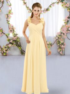 Exceptional Sleeveless Chiffon Floor Length Lace Up Wedding Guest Dresses in Yellow with Hand Made Flower