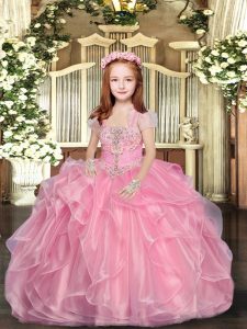 Custom Design Baby Pink Straps Lace Up Beading Little Girls Pageant Gowns Sleeveless