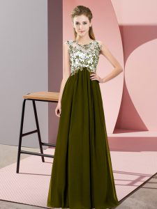 Amazing Olive Green Empire Beading and Appliques Wedding Party Dress Zipper Chiffon Sleeveless Floor Length
